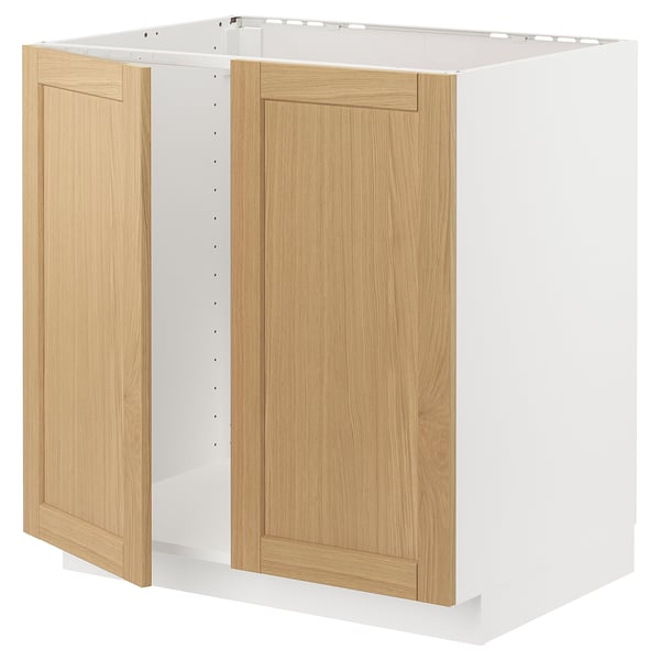METOD kitchen unit - white & oak veneer, rectangular box with two doors.