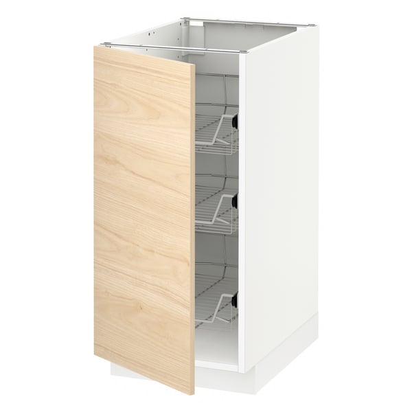 Ikea METOD kitchen cabinet in white with light ash door, featuring three wire shelves.