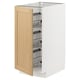 Open white kitchen cabinet with oak door and pullout shelves.