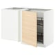 A white ikea METOD kitchen corner cabinet with a light wood-patterned door and pull-out shelves.