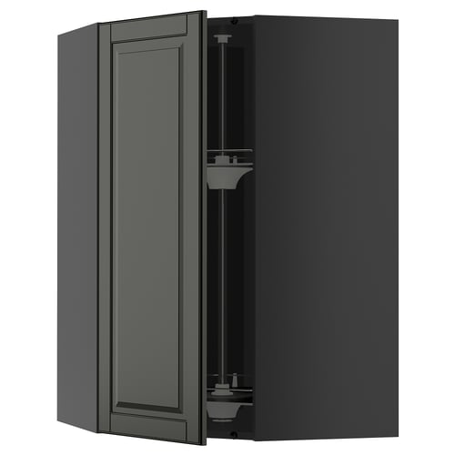 METOD kitchen unit with black angled cabinet, open door.