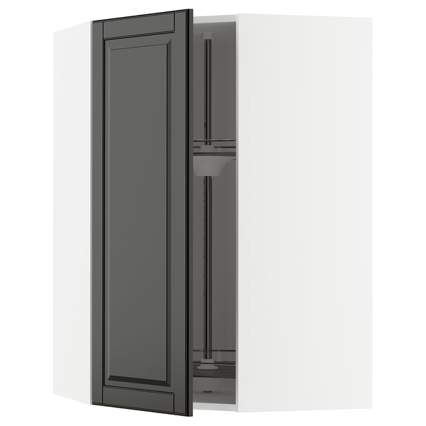 METOD black kitchen cabinet with glass shelf and adjustable door.