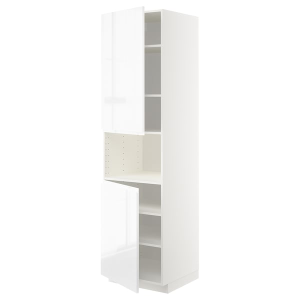 A white METOD tall kitchen cabinet with an adjustable shelf and high-gloss doors.