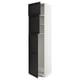 Modern kitchen cabinet, white with dark wood doors, tall, three shelves.