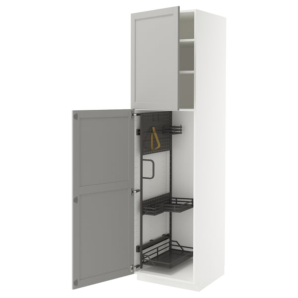 Displays an open, white METOD kitchen cabinet with gray lerhyttan doors. It a pegboard, pull-out organizers, and a 25-year guarantee.