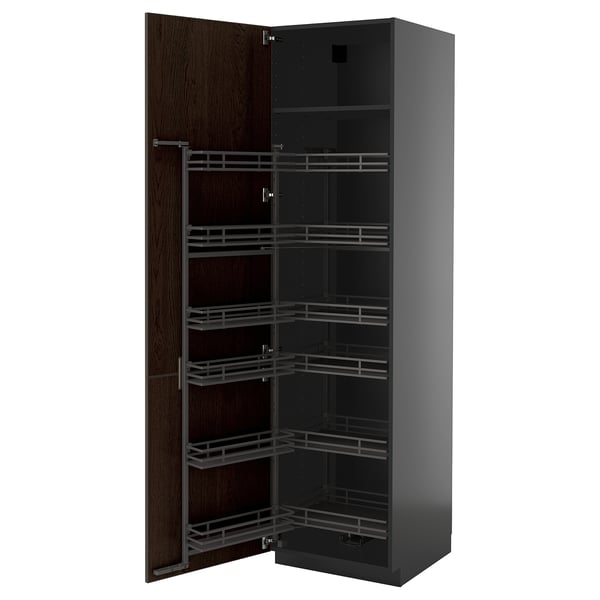 A METOD kitchen cabinet in dark brown with multiple pull-out shelves, designed with a modern and functional style.
