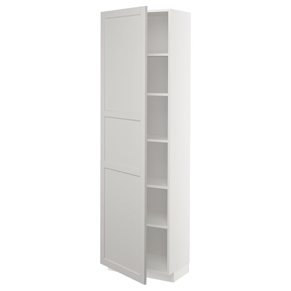 This is a white tall cabinet, METOD, with multiple shelves for storage. It clean lines, beveled edges, and a modern design, perfect for any kitchen.