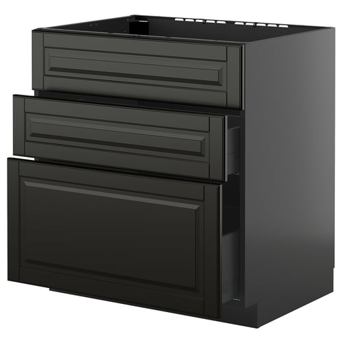 Image shows black METOD kitchen cabinet with multiple drawers. Sleek, modern design in glossy black.