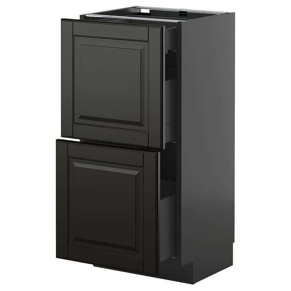 Black METOD kitchen cabinet with two drawers and one shelf, sleek design, durable materials.