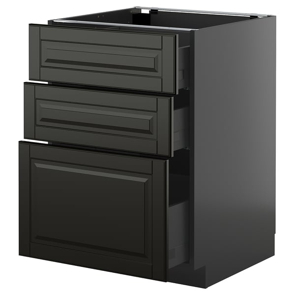 Dark grey modern kitchen cabinet with three drawers and one large door. Sleek, minimalist design with beveled edges.