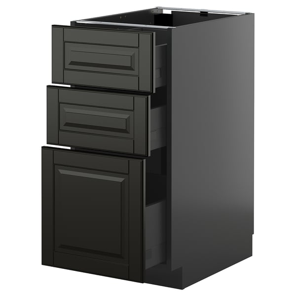 Dark gray METOD kitchen cabinet with beveled edges, three drawers, and one door. Modern and sleek design with a smooth finish.