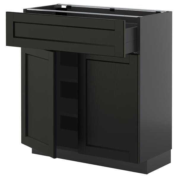 METOD black stained kitchen unit, dark wood, handles, drawers, shelves.