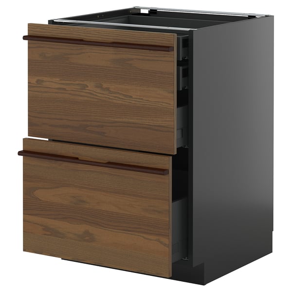 Dark brown kitchen cabinet with wood handles.
