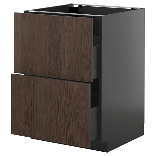 A dark brown wooden METOD kitchen cabinet with two drawers and a sleek grey base. The front solid wood edging.