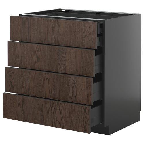 METOD kitchen unit: dark brown wood drawers, sleek black frame, modern design.