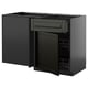 Modern black kitchen unit with pull-out shelves and drawers, sleek design.