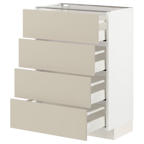 White METOD kitchen unit with beige drawers.