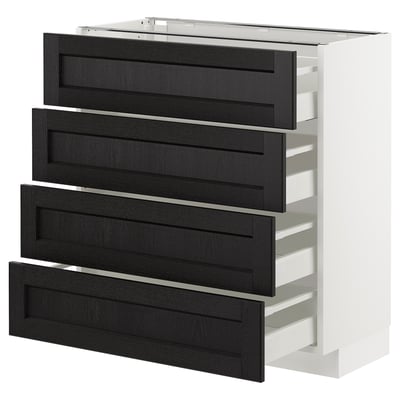 Modern white and black kitchen cabinet with four pull-out drawers.