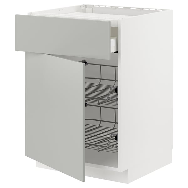 White METOD kitchen cabinet with light grey drawer, wire shelves inside, modern and clean design.