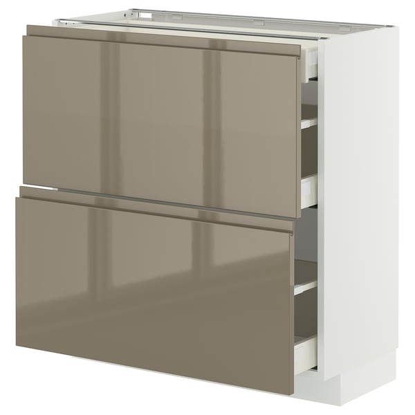 Modern kitchen cabinet: METOD dark grey-brown, integrated handles, stainless steel edges, 2 drawers.