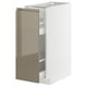 Modern kitchen cabinet, white with dark grey-brown glossy door, metallic handles, pull-out shelves, sleek design.