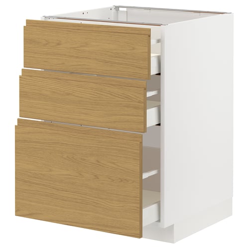 White and oak METOD kitchen cabinet with three drawers.