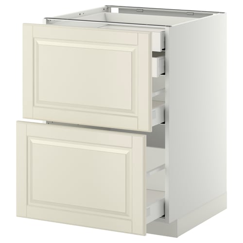 A white METOD kitchen cabinet with off-white bodbyn drawer fronts, featuring two open drawers.