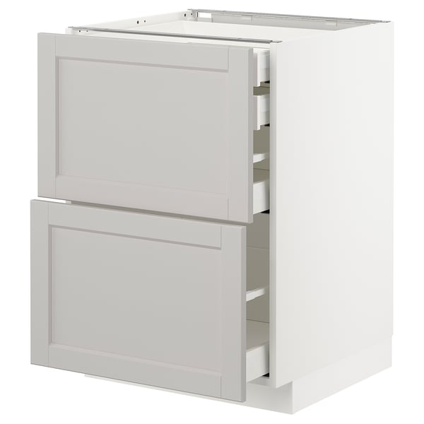 White METOD kitchen cabinet with beveled lerhyttan drawers.