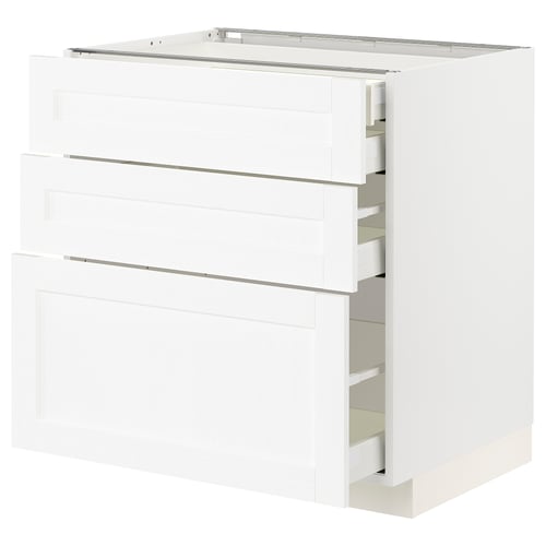 White METOD kitchen cabinet with 3 drawers, sleek design, modern look.