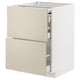 Modern kitchen cabinet, METOD series, beige, with two open drawers, white frame.