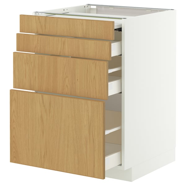 White METOD kitchen cabinet with oak drawers and silver handles.