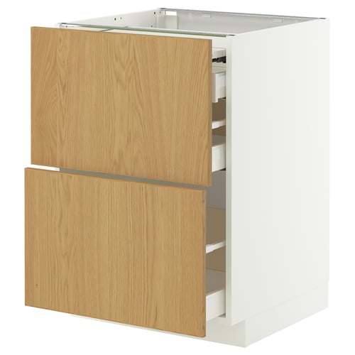 A white METOD storage unit with wooden drawers. It two large drawers and one smaller drawer, ideal for kitchen storage.