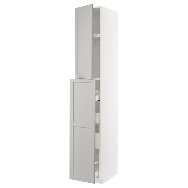 White tall kitchen cabinet with beveled edges and two open doors showing shelves.