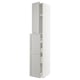White tall kitchen cabinet with beveled edges and two open doors showing shelves.