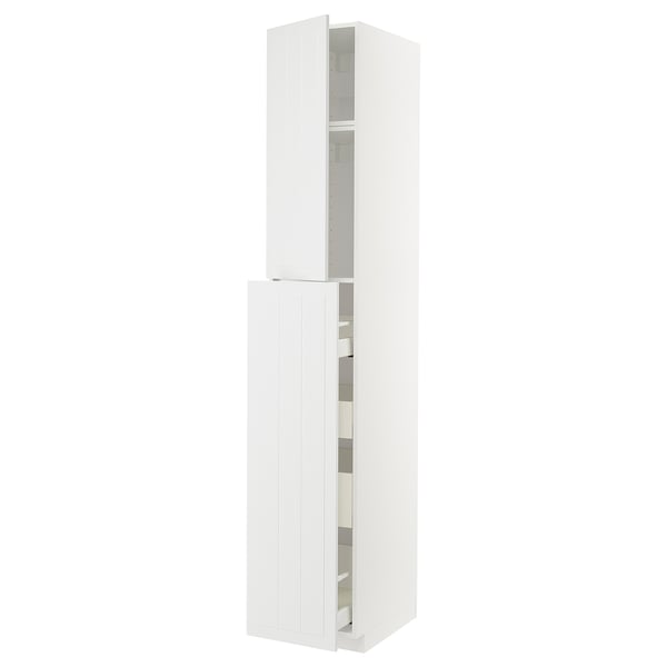 A white METOD kitchen cabinet with two open sections, featuring shelves and drawers. The cabinet is modern and functional with a sleek, clean design.