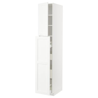 A white METOD tall kitchen storage unit with multiple shelves. Its sleek, modern, and offers plenty of storage space.