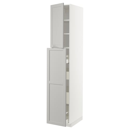 A white METOD kitchen cabinet with a traditional design, featuring a tall unit with two doors and internal shelves.