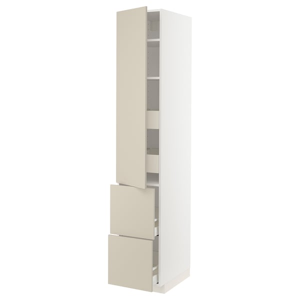 METOD kitchen unit. Tall, white with beige drawers, smooth, modern design.