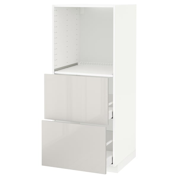 White METOD kitchen cabinet with glossy finish, two drawers and open shelf.