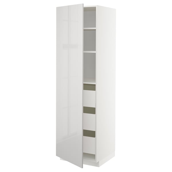METOD: white, tall, glossy cabinet with green shelf, sleek design, adjustable shelves.