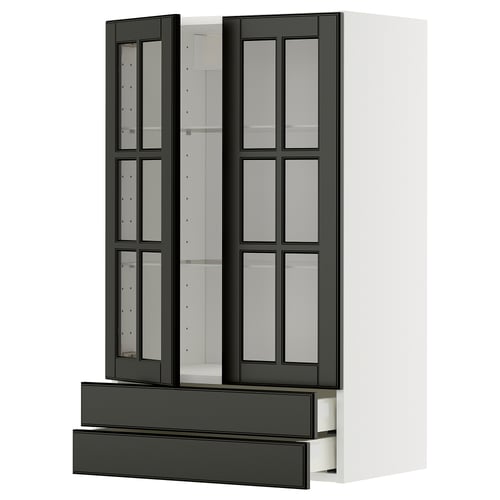 Modern kitchen cabinet: METOD with bodbyn dark glass doors, adjustable shelves, soft-close drawers.