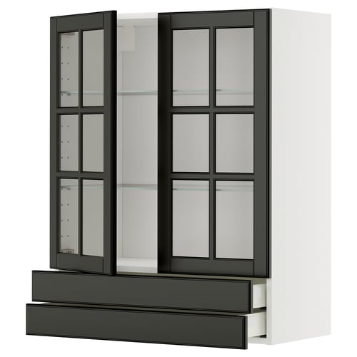 Modern black glass-front kitchen cabinet, part of the METOD system, featuring sleek beveled edges and multiple adjustable shelves.