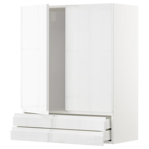 White high-gloss kitchen cabinet with sleek handles, two doors and two drawers.