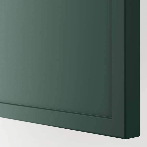 Dark green kitchen cabinet close-up, smooth surface, sleek design.