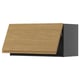 A modern kitchen cabinet with a wooden top in oak finish and dark grey bodies.