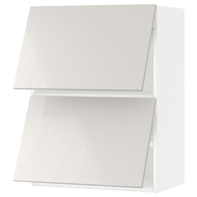 White modern wall cabinet, high gloss, sleek rectangular design, with two shelves inside.
