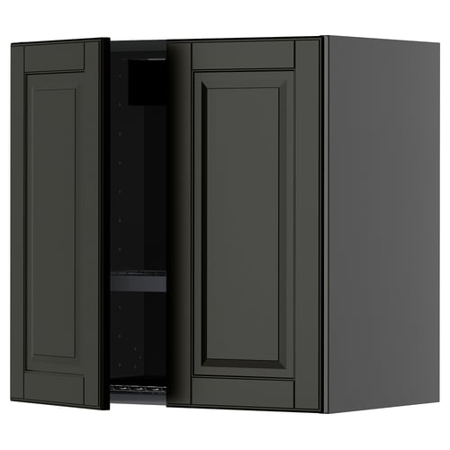 A dark gray METOD kitchen wall cabinet with two doors, one of which is partially open, revealing adjustable shelves.