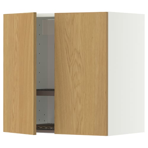 Wooden kitchen cabinet with light oak doors and metal shelf, one open, square white background.