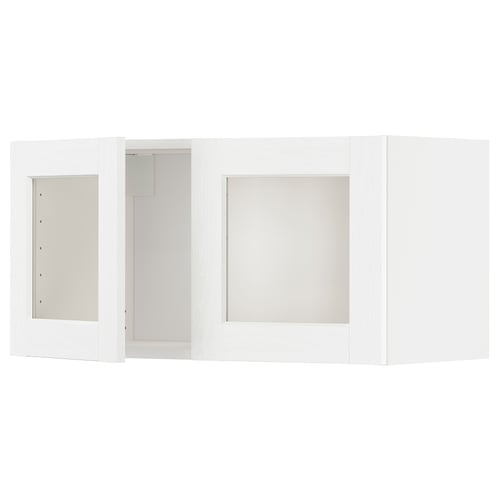 White METOD kitchen unit with glass doors, showing door and hinge details.