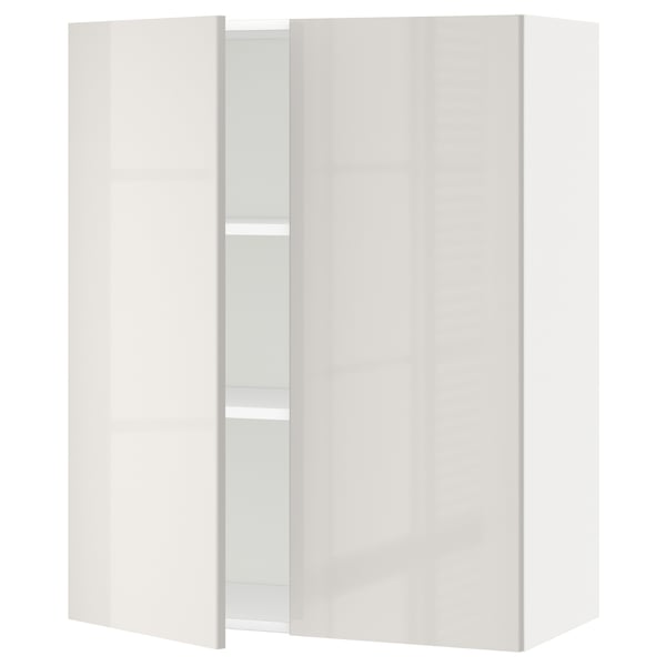 A white METOD kitchen cabinet with a modern design, featuring a sleek high gloss finish and adjustable shelves.